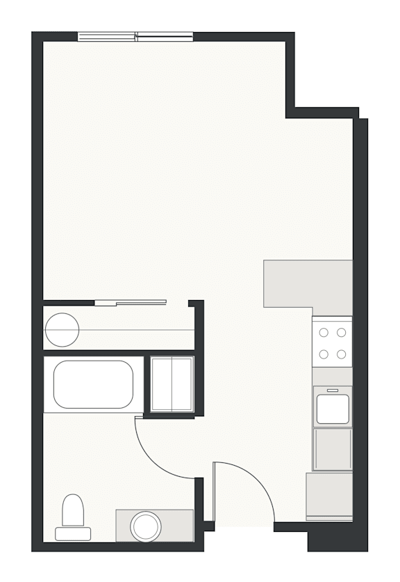 A floor plan of a house with a kitchen, living room, and bathroom.