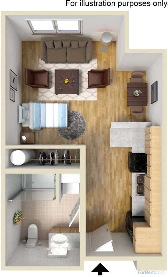 an aerial view of a bedroom with a bathroom and a living room