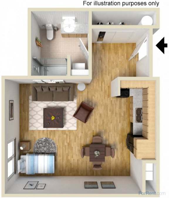 a rendering of a furnished living room with a wood floor