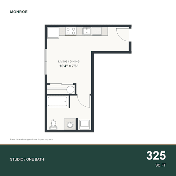A floor plan for a 325 square foot studio apartment with one bathroom.