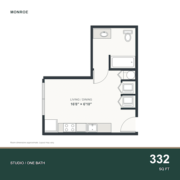 A floor plan for a 332 square foot studio apartment with one bathroom.