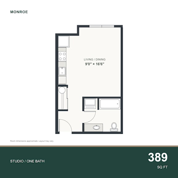 A floor plan for a 389 square foot studio apartment with one bath.