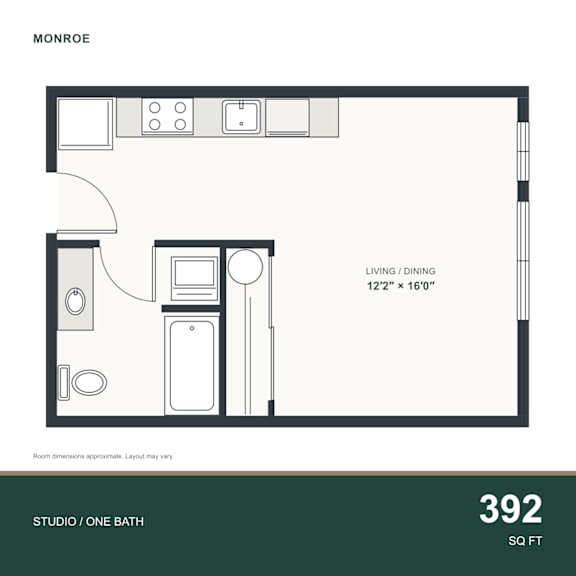 A floor plan of a studio apartment with a bathroom and living/dining area.