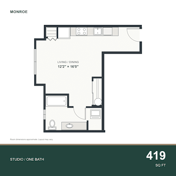 A floor plan for a 419 square foot studio apartment with one bathroom.