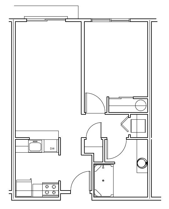a floor plan of a small house with a bedroom and a living room