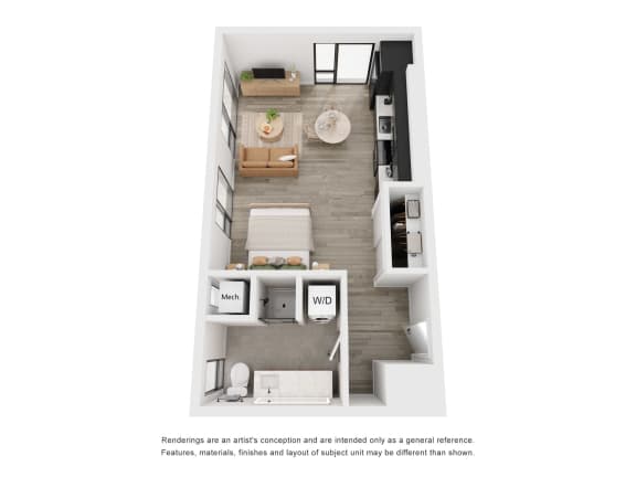 Floorplan studio 530 sq. ft. at The Weidler in Portland, OR 97209