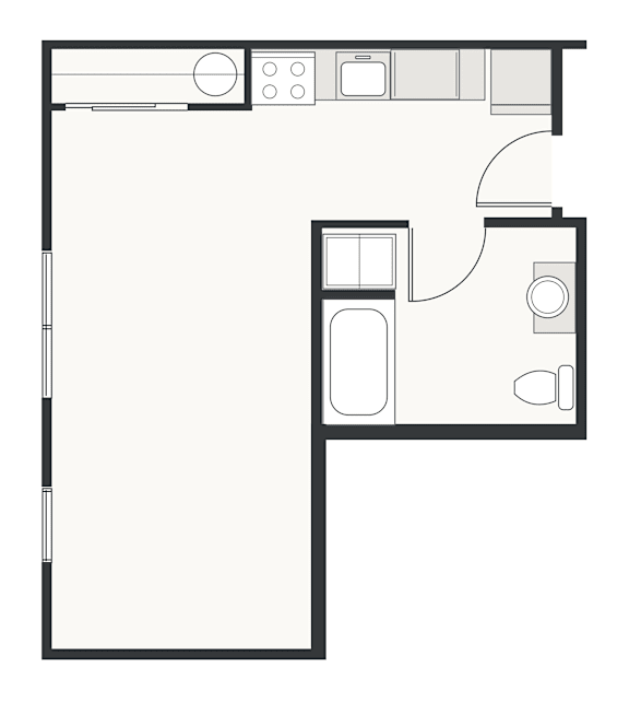 A floor plan of a small apartment with a kitchen, living room, and bathroom.
