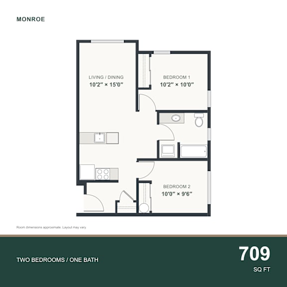 A floor plan for a Monroe apartment with two bedrooms and one bath.