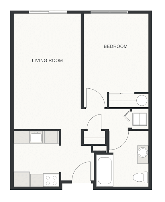 A black and white image of a floor plan for a small apartment.
