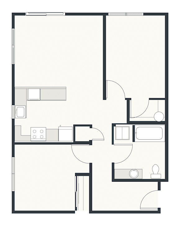 A black and white floor plan of a house with a kitchen, living room, and bathroom.