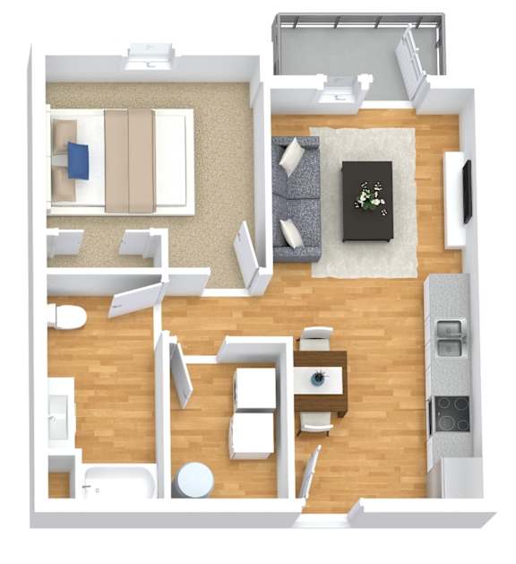 A top-down view of a modern apartment layout with a living room, kitchen, and bathroom.