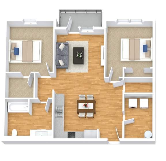 A top-down view of a living room with a couch, coffee table, and television.