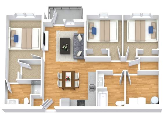 A top-down view of a house layout with two bedrooms, a living room, a kitchen, and a bathroom.