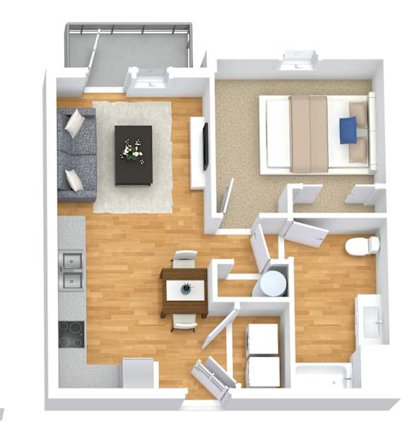 A top down view of a living room, kitchen, and dining area.