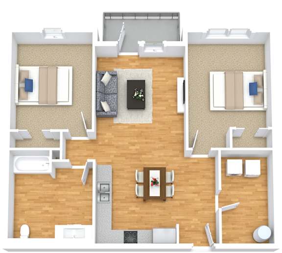 A top-down view of a two-bedroom apartment with a living room, kitchen, and bathroom.