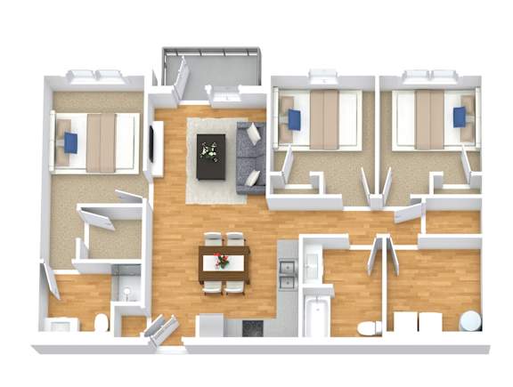 A floor plan of a house with two bedrooms, a living room, a kitchen, and a bathroom.