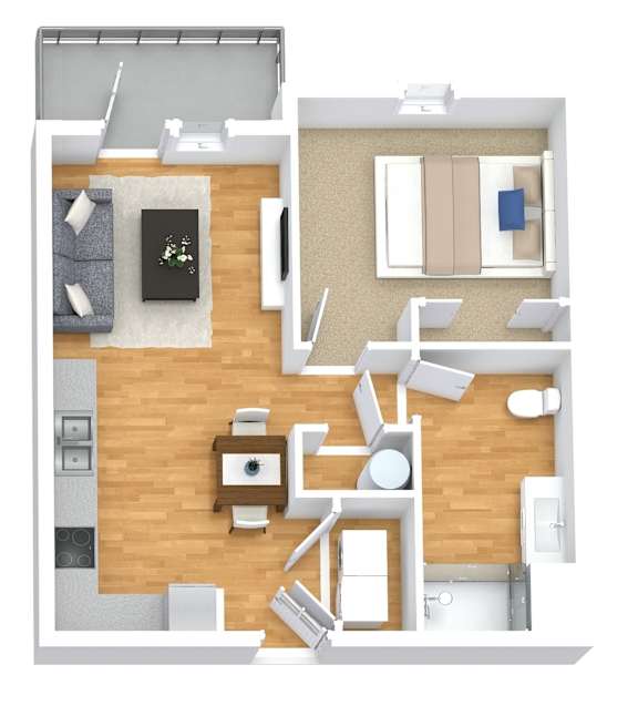A top-down view of a modern apartment layout with a living room, kitchen, and dining area.