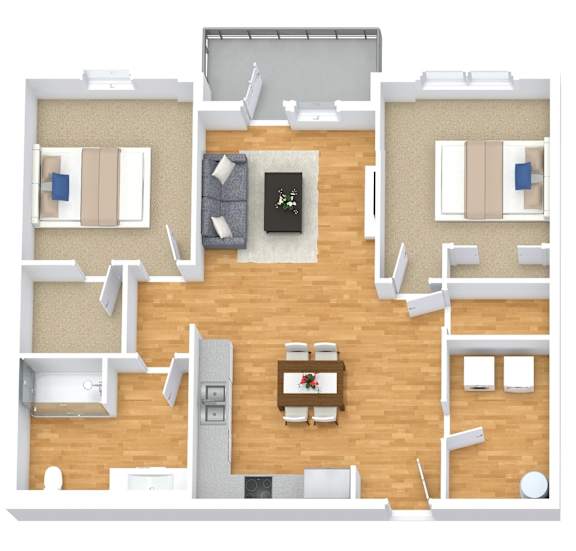 A top-down view of a house interior with a kitchen, living room, and dining area.