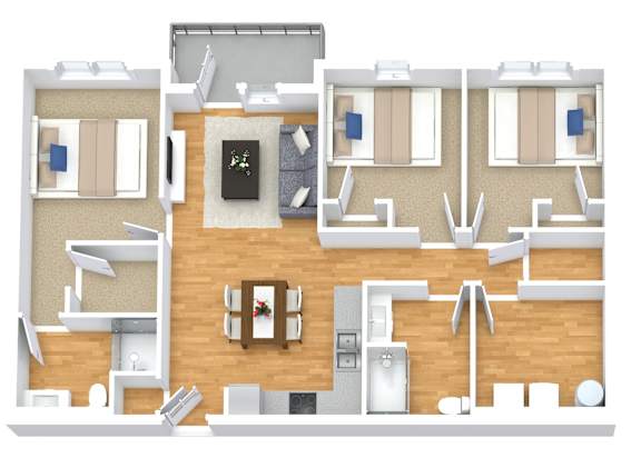 A floor plan of a house with a living room, kitchen, and two bedrooms.