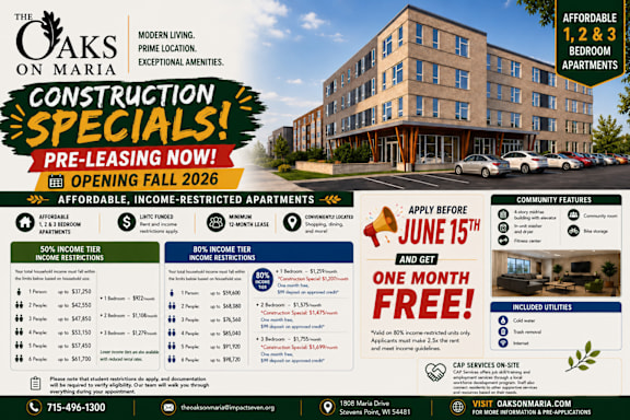 An advertisement for The Oaks on Maria construction specials with a building image, contact information, and details about the apartments.
