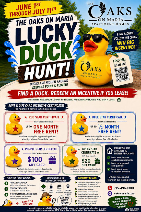A promotional poster for The Oaks on Maria Lucky Duck Hunt event.