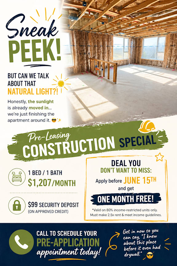 A promotional image for a pre-leasing construction special offering a free month and a security deposit.