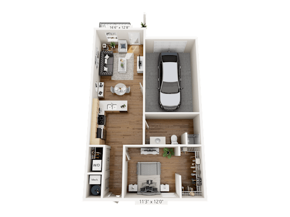 A 113 x 120 floor plan of a house with a car parked in the garage.