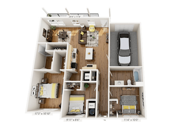 A 3D floor plan of a house with dimensions and furniture layout.