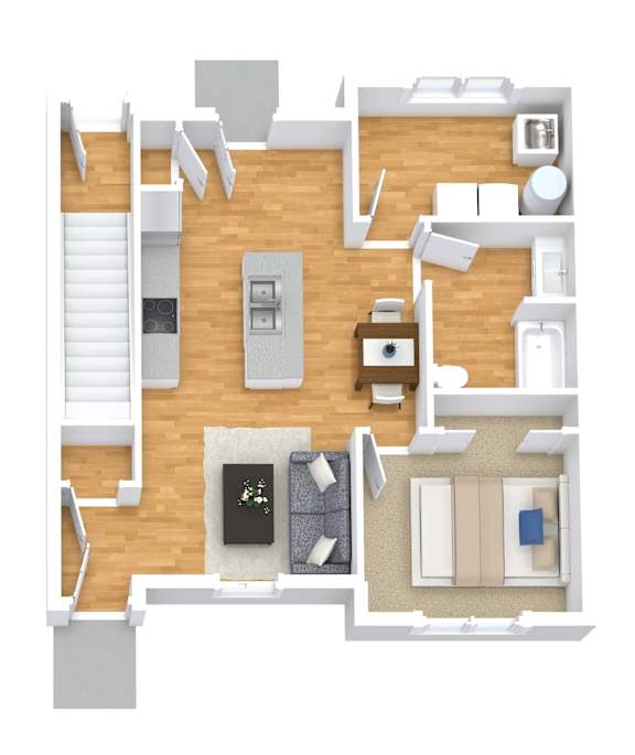 A 3D floor plan of a house with a living room, kitchen, and two bedrooms.
