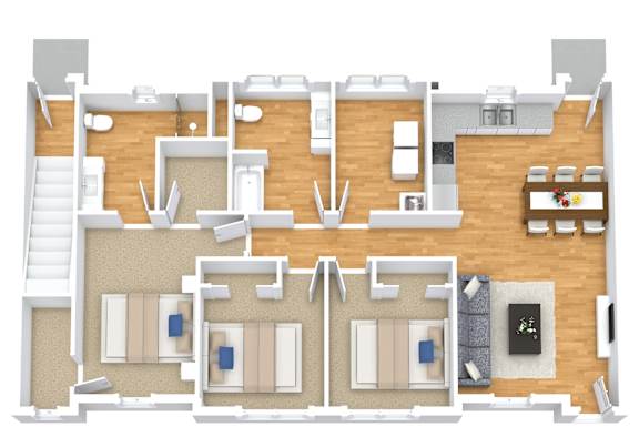 A floor plan of a house with two bedrooms, a living room, a kitchen, and a bathroom.