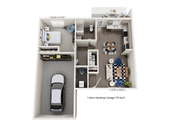 A 3D floor plan of a small apartment with a car garage.