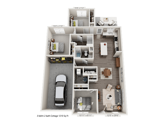 A 3D floor plan of an apartment with dimensions and a car parked in the garage.