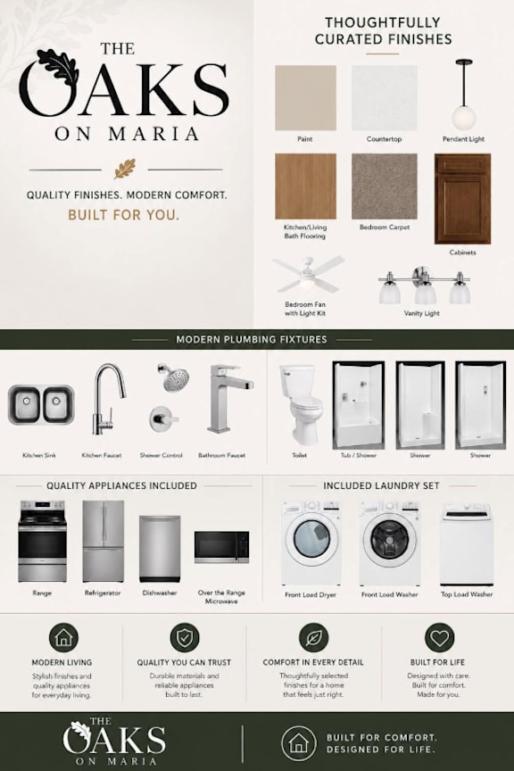 The image is an advertisement for The Oaks on Maria, showcasing their modern plumbing fixtures, quality appliances, and curated finishes.