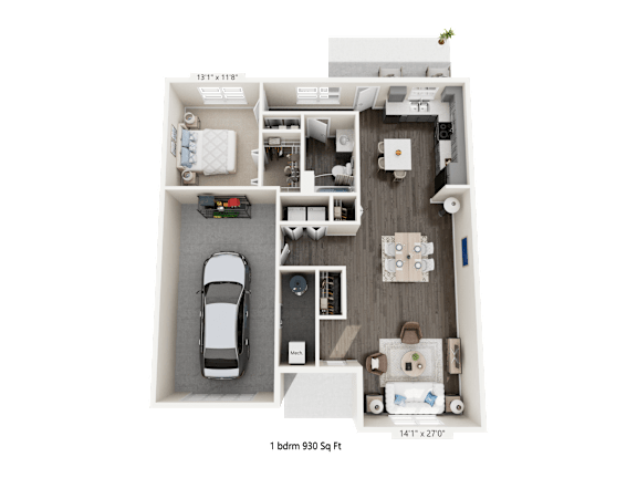 A floor plan of a one bedroom 930 square foot apartment.
