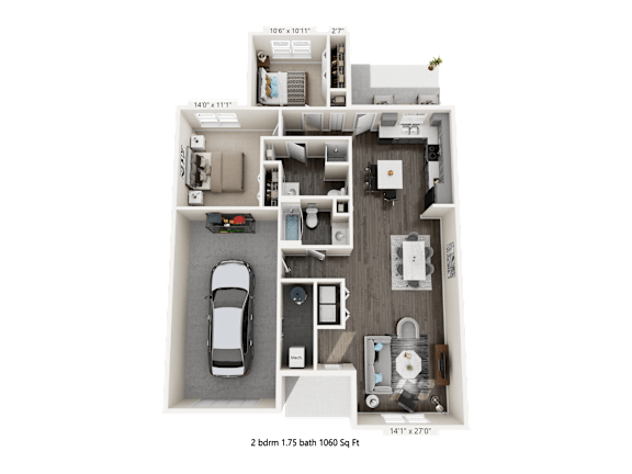 A detailed 3D floor plan of a two-bedroom, 1.75 bathroom apartment sized at 1050 square feet.