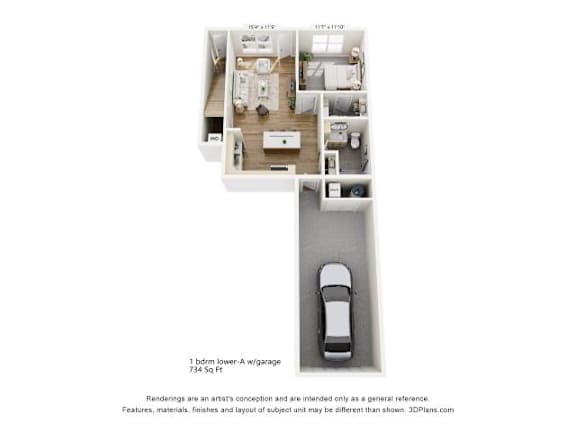 Floor Plan  A 3D floor plan of a home with a garage.
