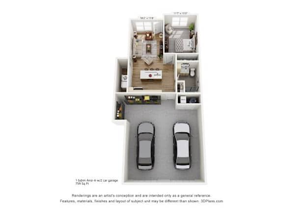 Floor Plan  A 3D floor plan of a 1 bedroom apartment with a garage for a 1999 Audi A4.