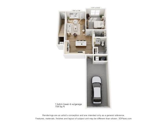 Floor Plan  A 3D floor plan of a one-bedroom lower-level apartment with a garage.
