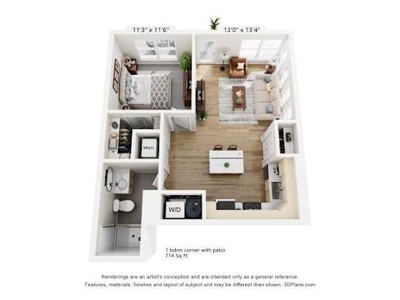Floor Plan  A 3D floor plan of a small apartment with a kitchen, living room, and bathroom.