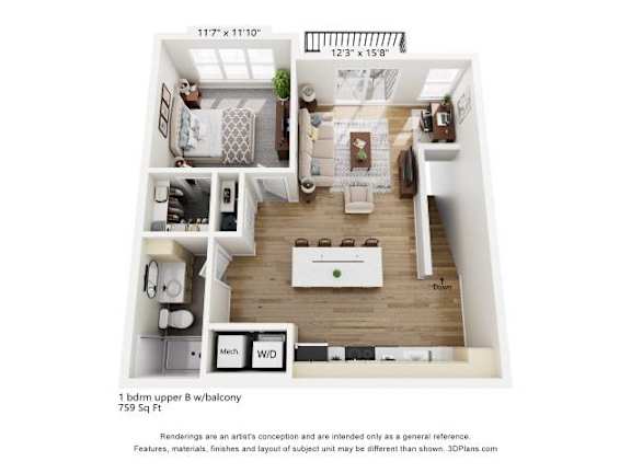 Floor Plan  A 3D floor plan of a one bedroom apartment with a balcony.