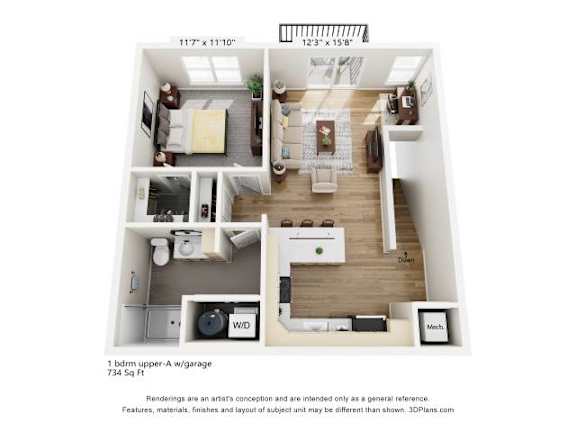 Floor Plan  A 3D floor plan of a 1333 square foot studio apartment with a living room, kitchen, and bedroom.