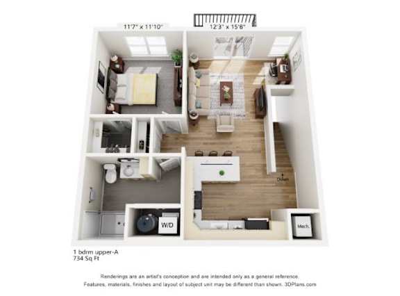 Floor Plan  A 3D floor plan of a 1 bedroom apartment.