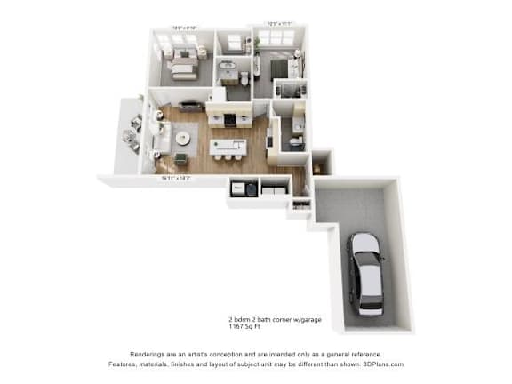 Floor Plan  A 3D floor plan of a house with a garage and a car parked in it.