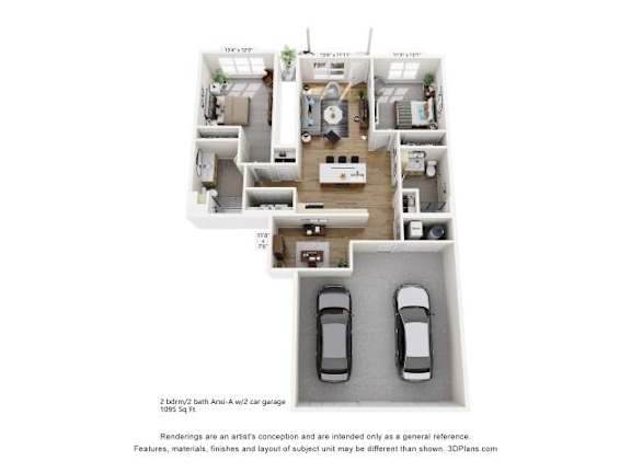 Floor Plan  A 2 bedroom apartment with a garage is shown in this image.