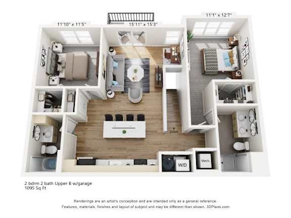 Floor Plan  A 3D floor plan of a two bedroom, two bathroom apartment.