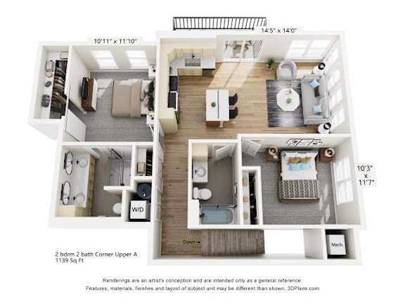 Floor Plan  A 3D floor plan of a two bedroom, two bathroom apartment.