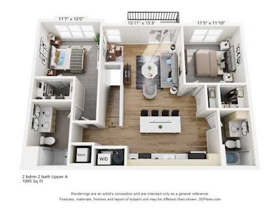 Floor Plan  A 3D floor plan of a two bedroom apartment.