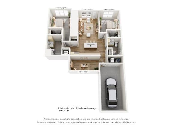 Floor Plan  A 3D floor plan of a 1095 square foot home with two bathrooms and a garage.