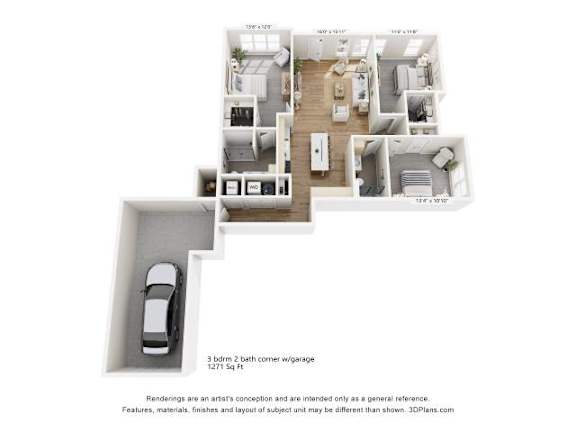 Floor Plan  A 3D floor plan of a house with a garage and a car parked in it.