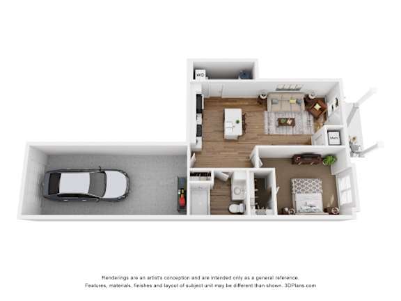 A 3D floor plan of a small apartment with a car parked in the garage.